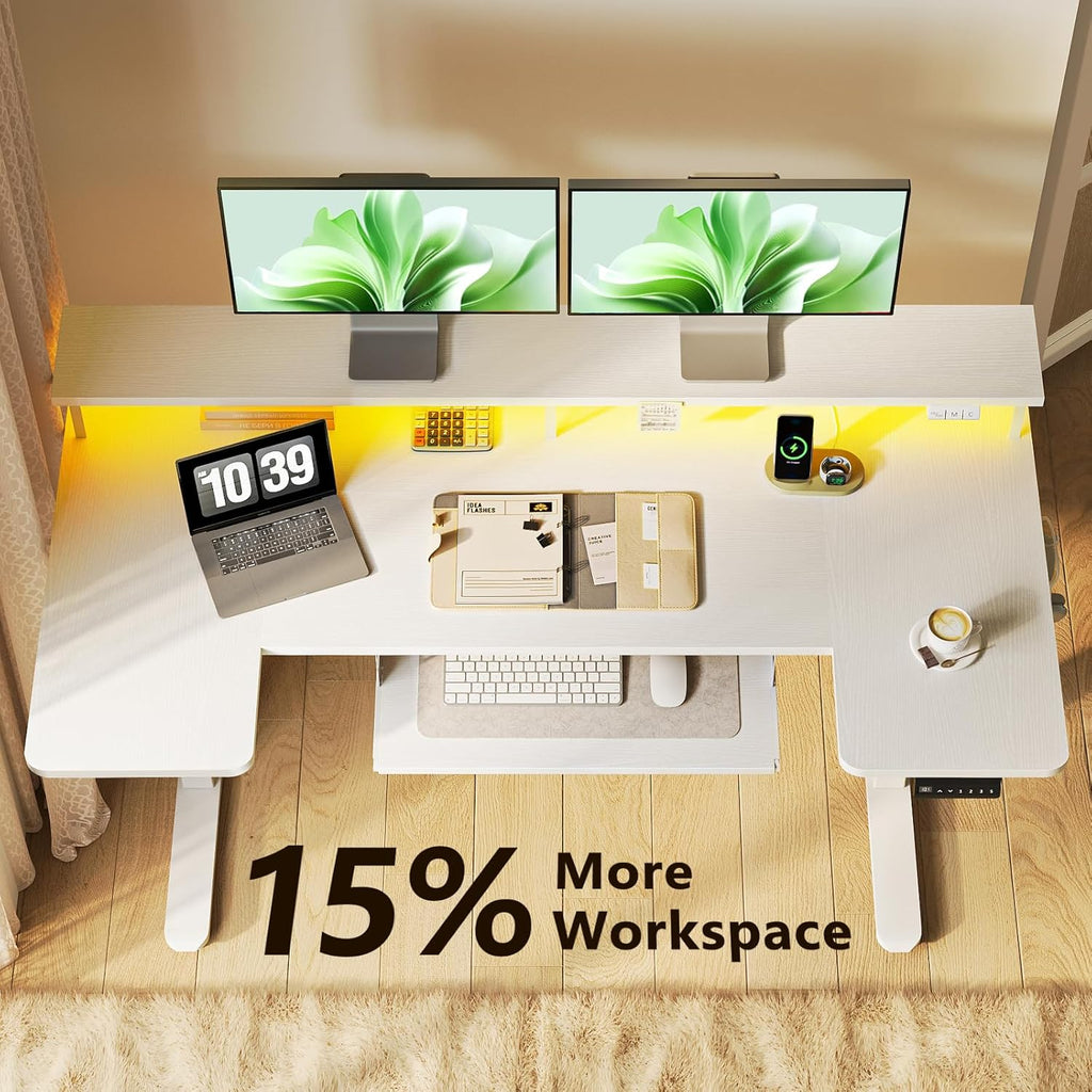 OffiGo U Shaped Electric Standing Desk with Keyboard Tray, 55 Inch Height Adjustable Desk with Power Outlets & LED Lights, Sit Stand Table with Monitor Stand for Home, Office, White