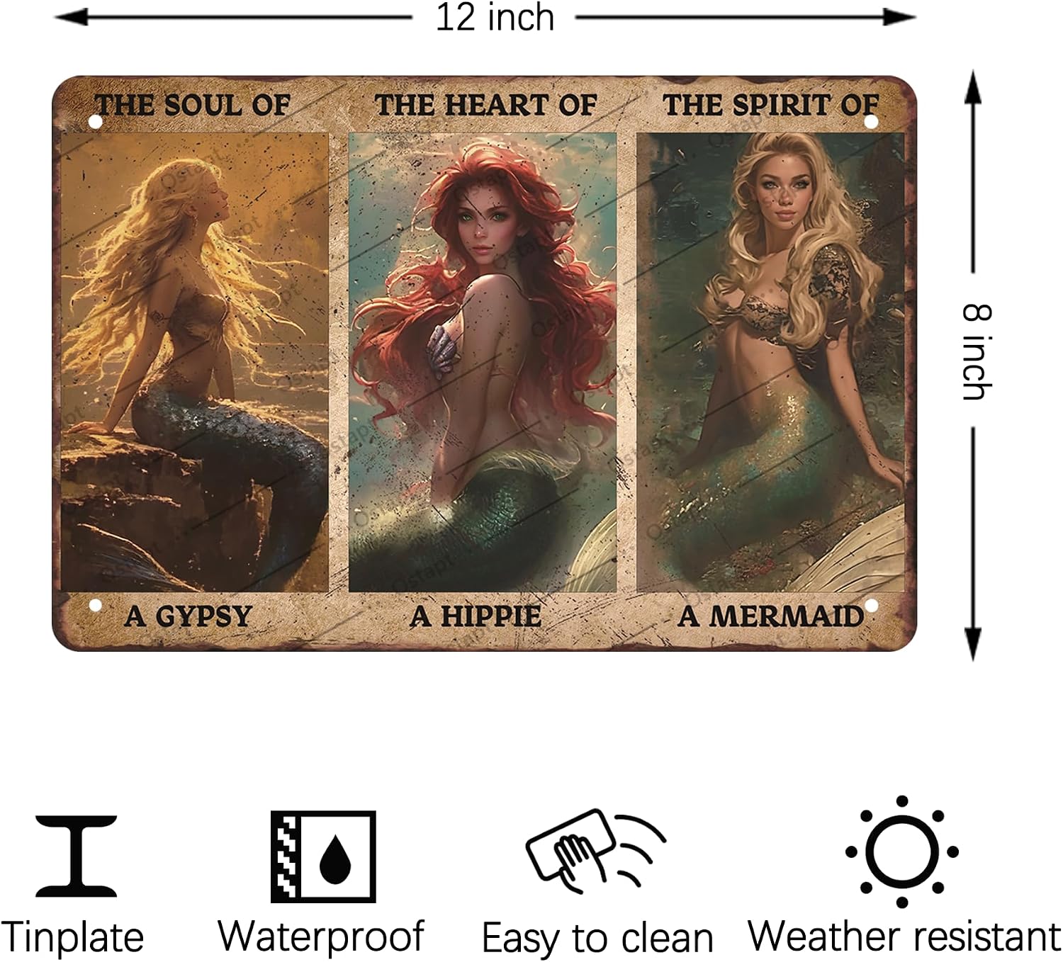 Ostapt Mermaid Vintage Metal Tin Sign The Soul of a Gypsy The Heart of a Hippie The Spirit of a Mermaid Bedroom Cafe Bar Man Cave Bathroom Home Wall Decor Beach Wall Art Gifts 12x8 inch