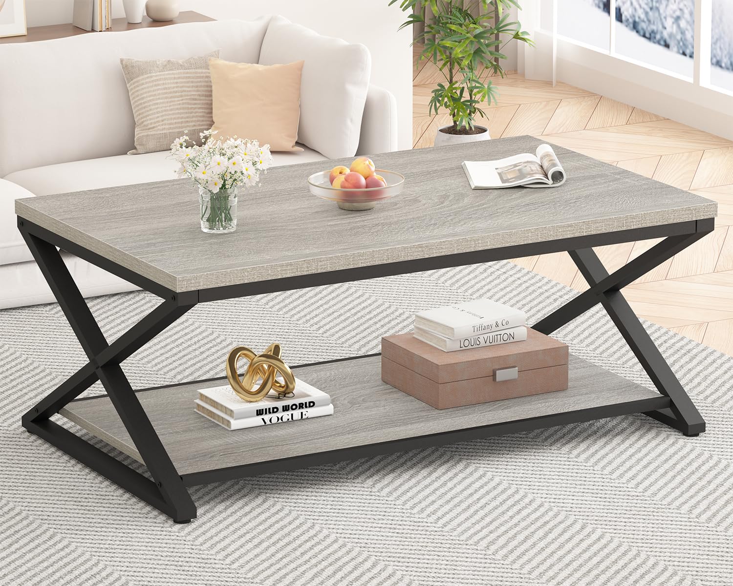 HSH Rustic Coffee Table with Storage Shelf, Industrial Metal Wood Living Room Table, Farmhouse Minimalist Rectangle Center Table, Vintage Simple 2 Tier Cocktail Tea Table, Rustic Brown, 47 Inch