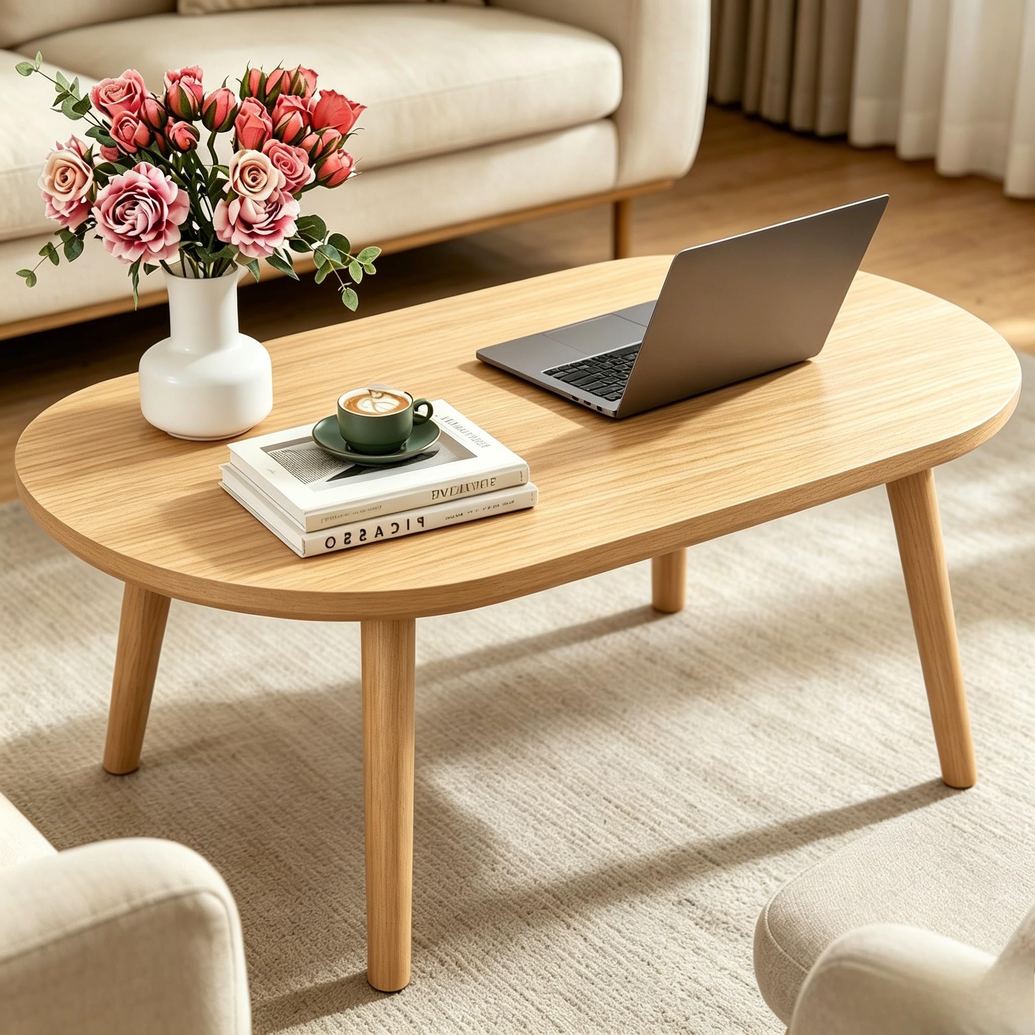 FAMIDGE Coffee Table, 23.6" Small Oval Coffee Tables for Small Space with 4 Solid Wood Leg, Floor Table Desk for Sitting on The Floor, Side Table Japanese Low Table for Living Room Apartment, Brown