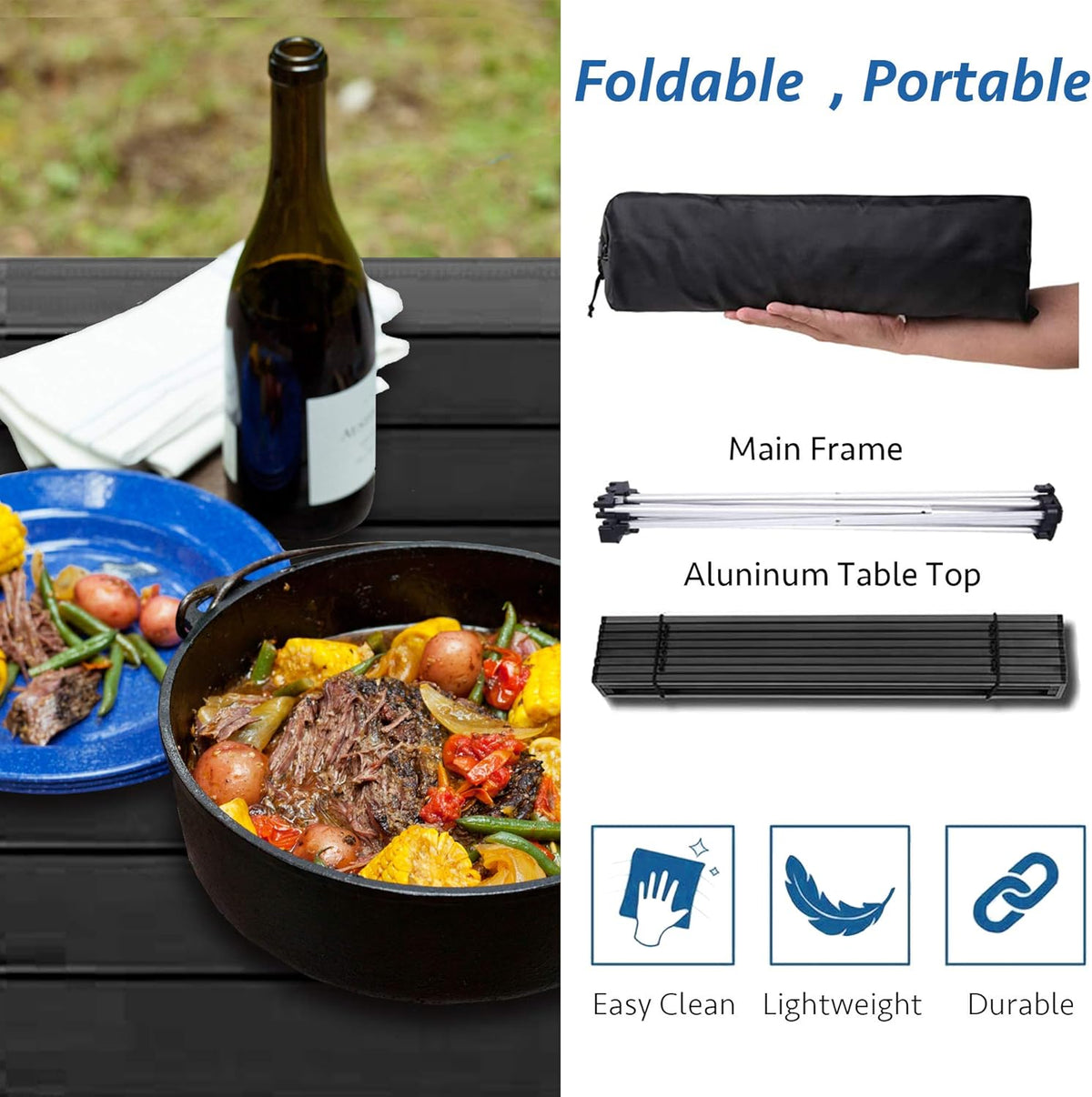Grope Portable Camping Table with Aluminum Table Top, Folding Beach Table Easy to Carry, Prefect for Outdoor, Picnic, BBQ, Cooking, Festival, Beach, Home Use (Black-S)