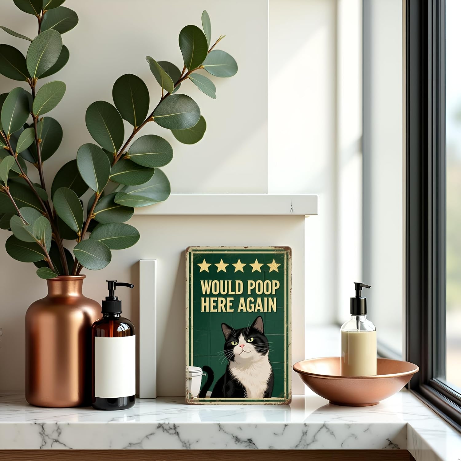 Funny Cat Bathroom Metal Sign – “Would Poop Here Again” Retro Tin Wall Art, 8x12 Inch Vintage Bathroom Decor for Cat Lovers, Restroom, Home, or Bar – Humorous Pet Wall Sign