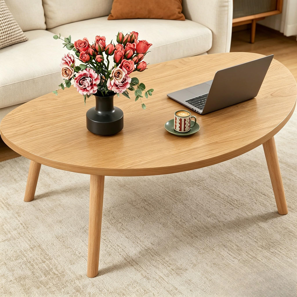 FAMIDGE Coffee Table, 23.6" Small Oval Coffee Tables for Small Space with 4 Solid Wood Leg, Floor Table Desk for Sitting on The Floor, Side Table Japanese Low Table for Living Room Apartment, Brown