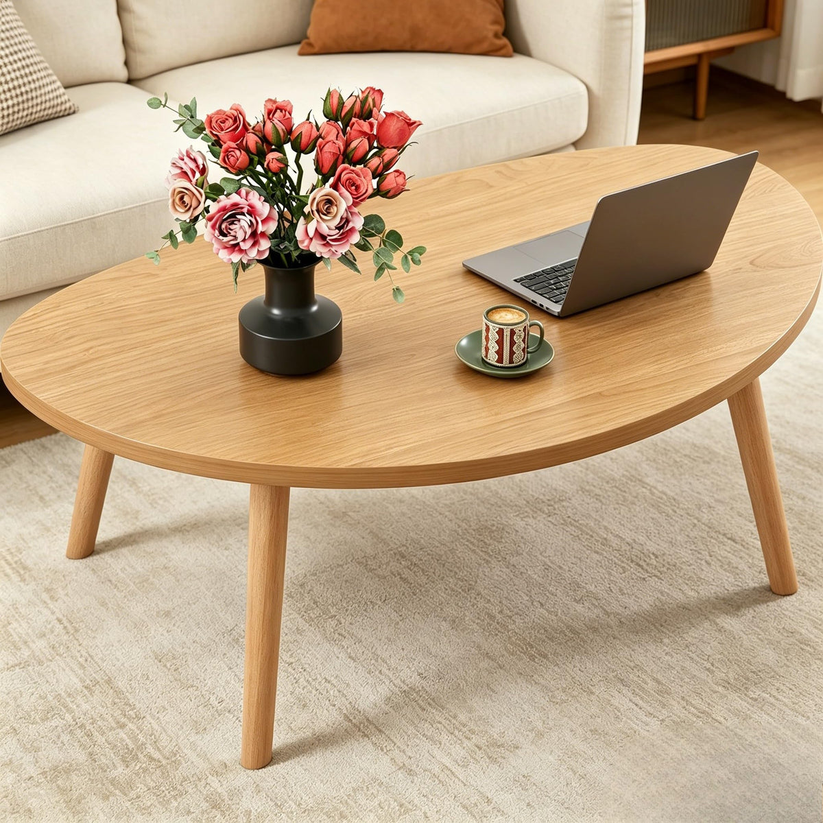FAMIDGE Coffee Table, 23.6" Small Oval Coffee Tables for Small Space with 4 Solid Wood Leg, Floor Table Desk for Sitting on The Floor, Side Table Japanese Low Table for Living Room Apartment, Brown