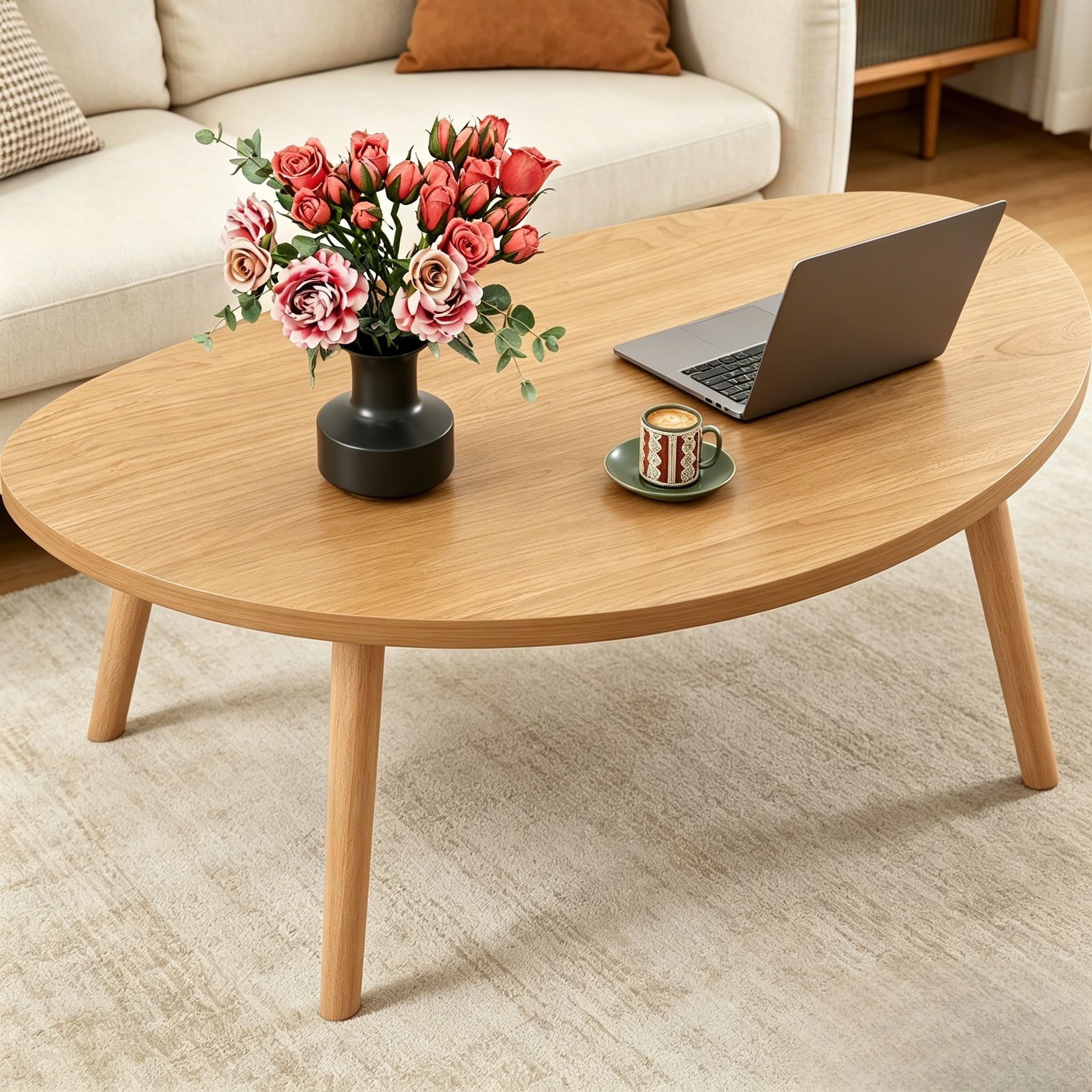 FAMIDGE Coffee Table, 23.6" Small Oval Coffee Tables for Small Space with 4 Solid Wood Leg, Floor Table Desk for Sitting on The Floor, Side Table Japanese Low Table for Living Room Apartment, Brown