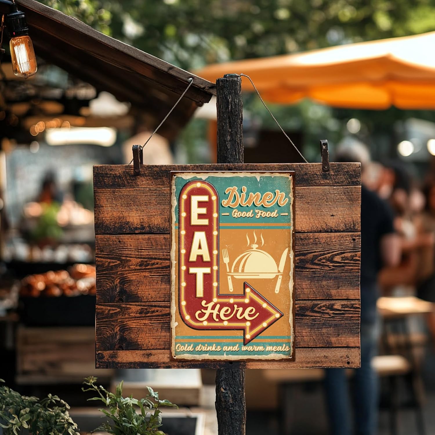 GLOBLELAND Dinner Eat Here Metal Tin Sign 8x12inch Vintage Good Food Art Plaque Poster Wall Decor for Home Kitchen Living Room Bedroom Kitchen Cafe Bar