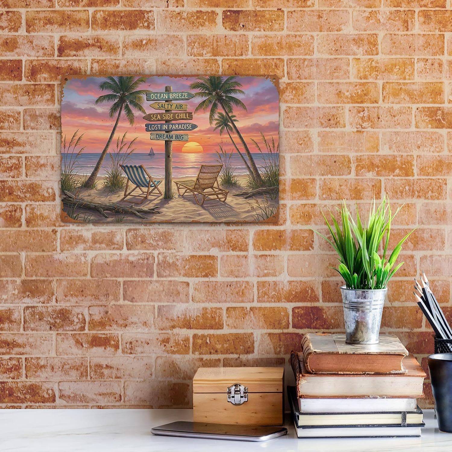 Coastal Beach Tropical Metal Tin Sign Wall Decor, Ocean Sun 8x12 Inch Wall Art for Lake House Coastal Beachy Room Cottage Cabin