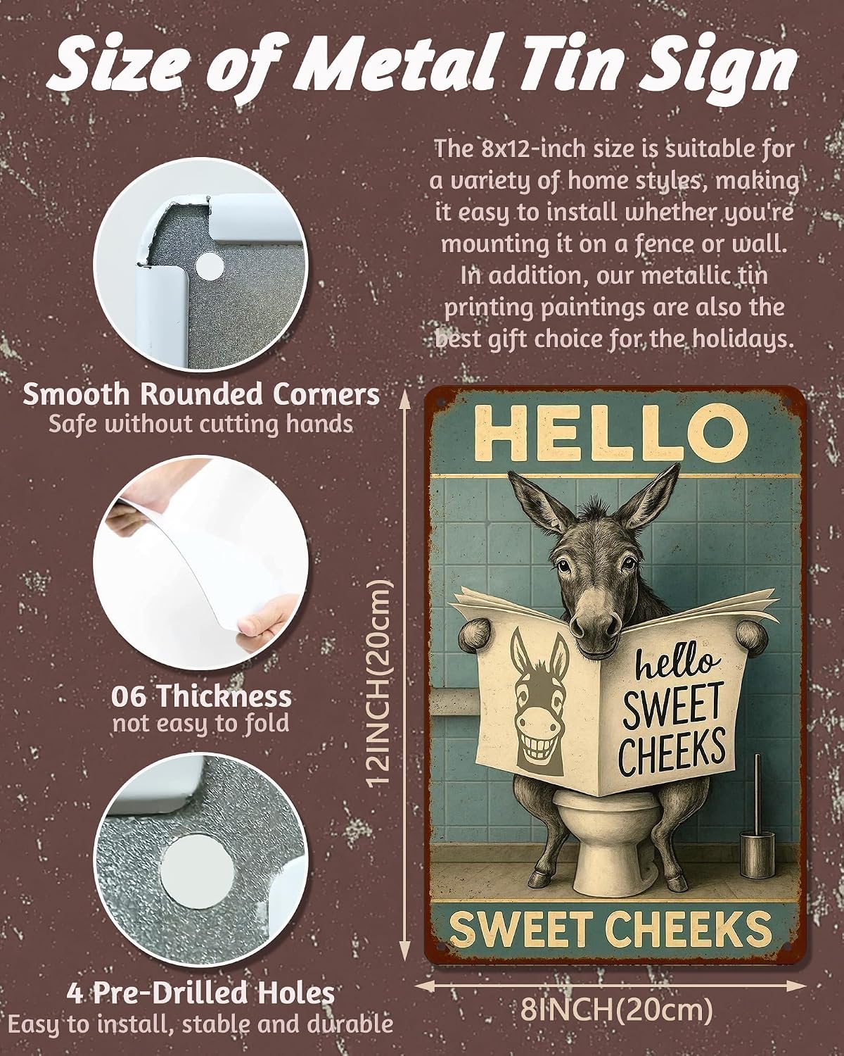 Funy Bathroom Sign Vintage Toilet Metal Tin Signs "Hello Sweet Cheeks" Funny Bathroom Metal Wall Art Print, Toilet Tin Signs Durable Retro Metal Signs Wall Decor Prints for Home, Restroom, Toilet or Bathroom 8x12 Inch