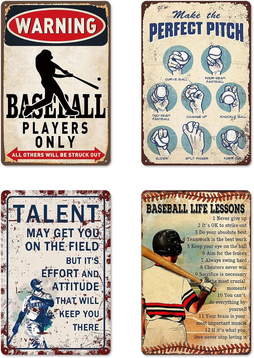 4 Pcs Baseball Metal Tin Signs Baseball Room Decor for Boys Vintage Sports Wall Art for Men Baseballs Player Poster Gifts for Boys 8-12 Baseballs Sign Accessories Decorations for Bedroom 12x8 Inch
