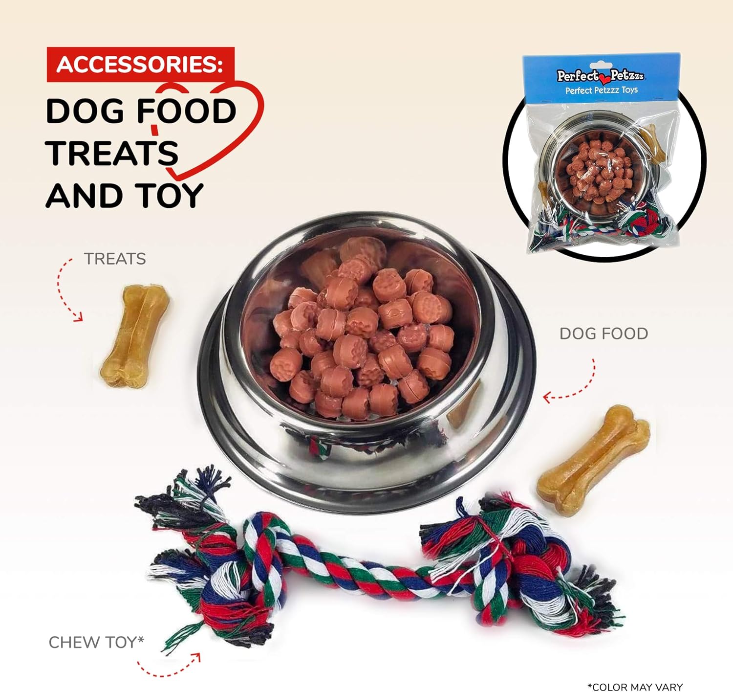 Silver Bowl with Simulated Pet Food, Colorful Chew Toy for Lifelike Stuffed Interactive Pet, Dog Bones for Breathing Pets – Perfect Petzzz