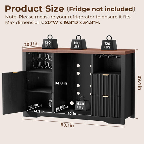 Coffee Bar Cabinet with Fridge Space, 53" L Wine Cabinets with Storage Drawer, Wood Buffet Sideboard Table, Fluted Liquor Cabinet with Wine Rack for Home, Living Room,20"D x 53.1"W x 39.4"H-Black