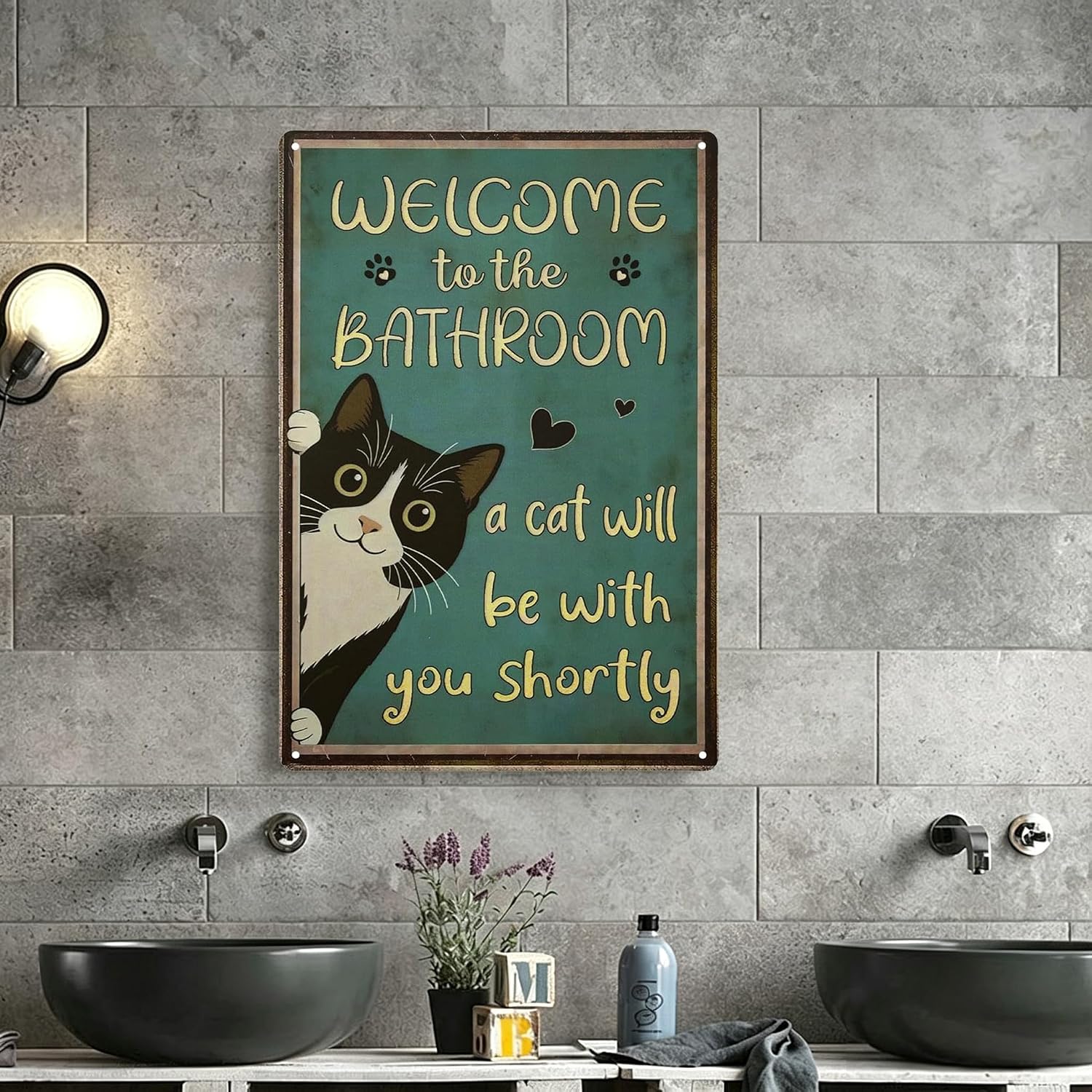 Funny Bathroom Sign Vintage Cat Tin Signs for Wall Decor 8" x 12" Funny Bathroom Signs Restroom Toilet Decor Metal Wall Plaque Poster (Welcome)