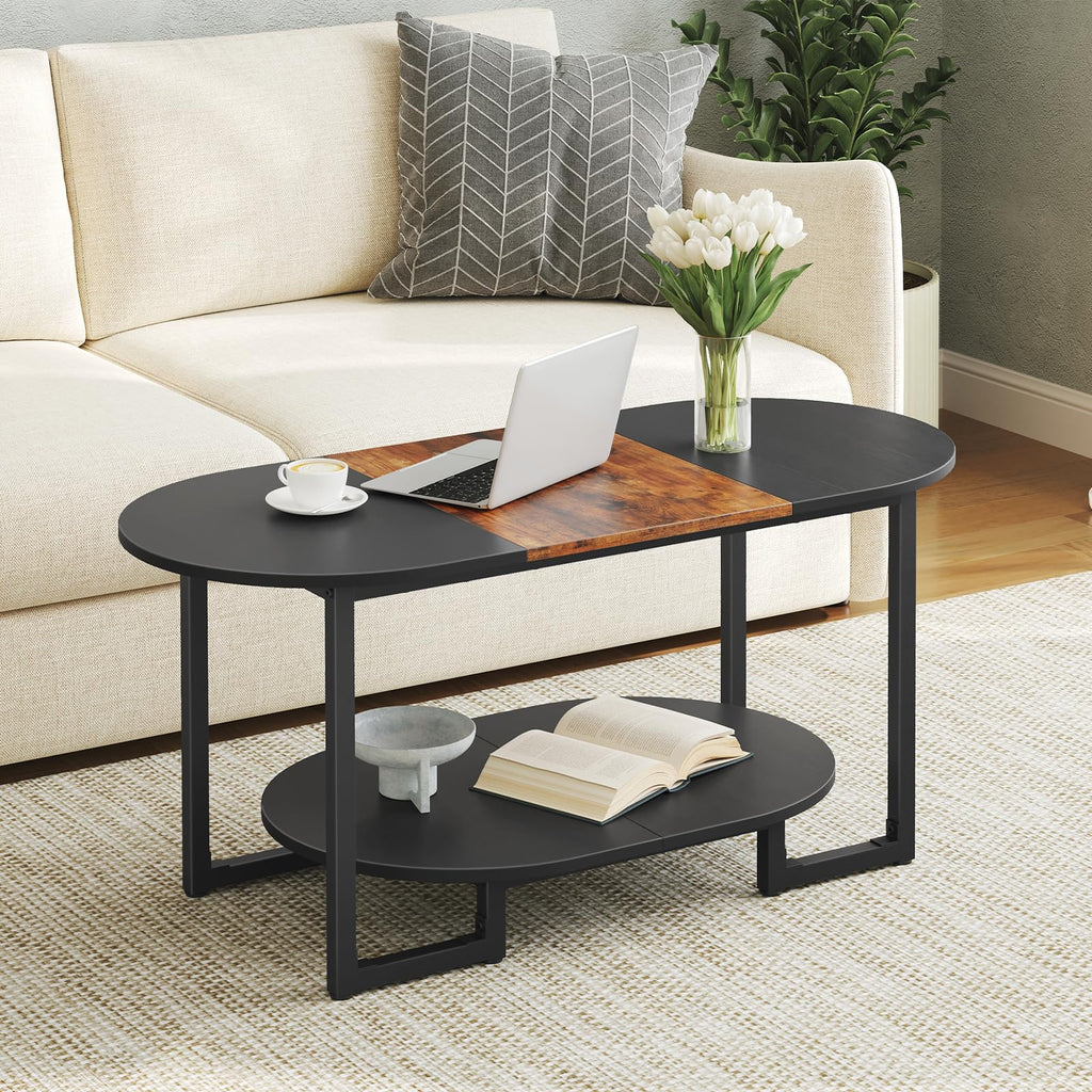 Coffee Table for Living Room, Oval Small Coffee Table with 2-Tier Open Storage Shelf, Industrial Cocktail Tea Table, Wooden Desktop Center Table, Farmhouse, Home Office, Rustic Brown BF09KF01