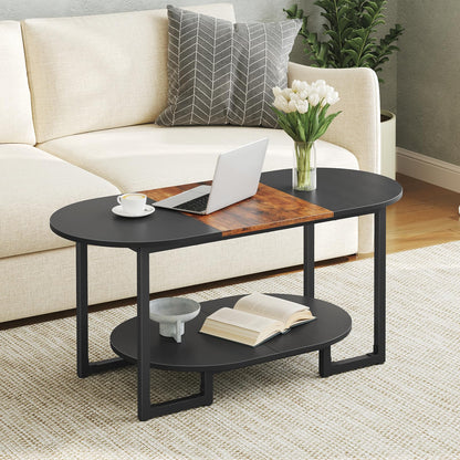Coffee Table for Living Room, Oval Small Coffee Table with 2-Tier Open Storage Shelf, Industrial Cocktail Tea Table, Wooden Desktop Center Table, Farmhouse, Home Office, Rustic Brown BF09KF01