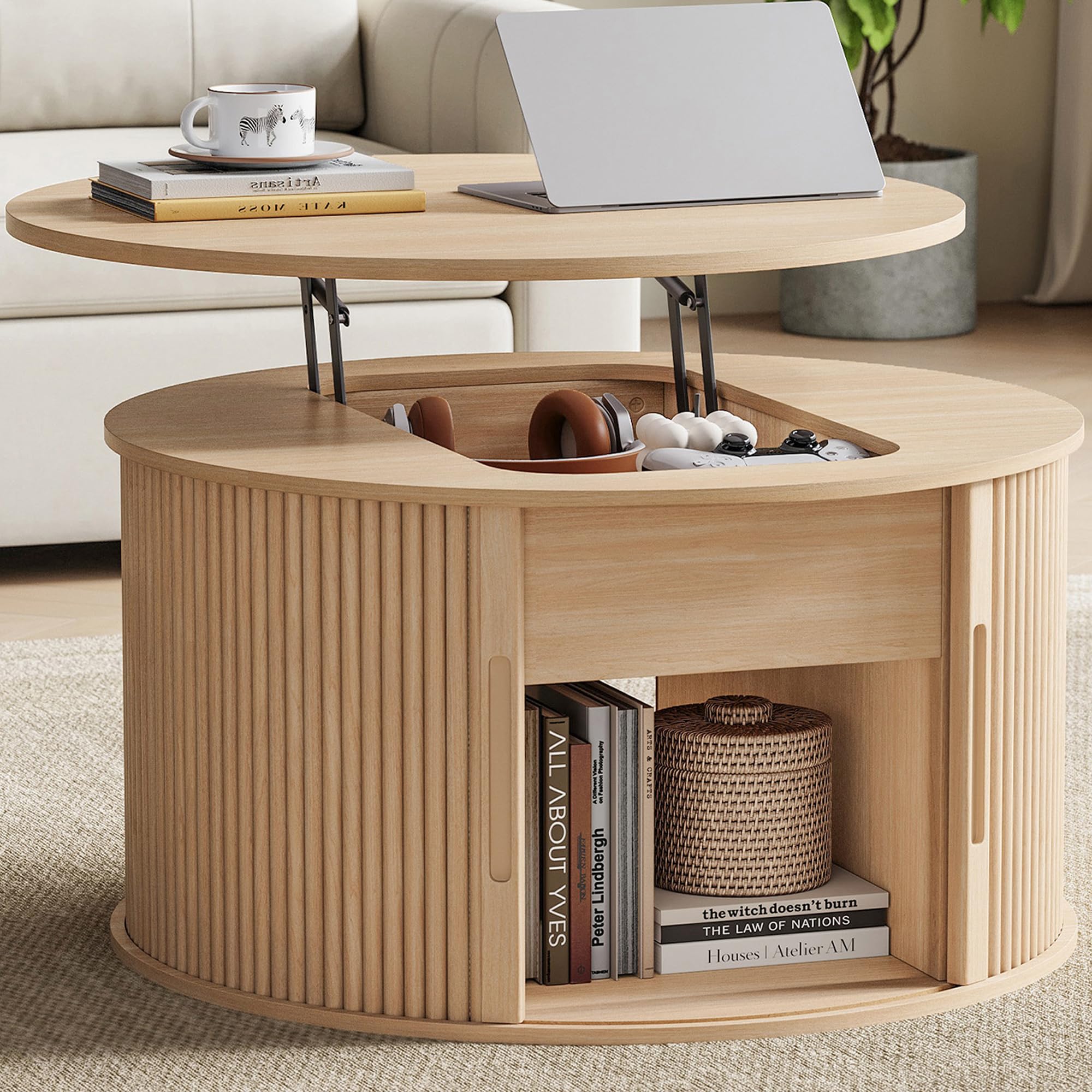 LINSY Lift Top Coffee Table, Oval Fluted Coffee Table with Storage, Mid Century Modern Wooden Coffee Tables with Sliding Tambour Door, 39" Center Table for Living Room, Office, Small Space, Walnut