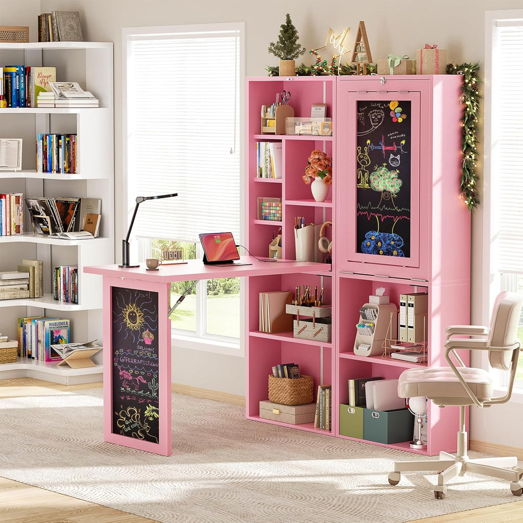 Armocity Small Folding Desk with Outlets, Convertible Writing Desk for Small Spaces/Home Office/Craft Room, Multi-Function Desk Workstation with Blackboard, Fold-Out Cabinet Table, Pink