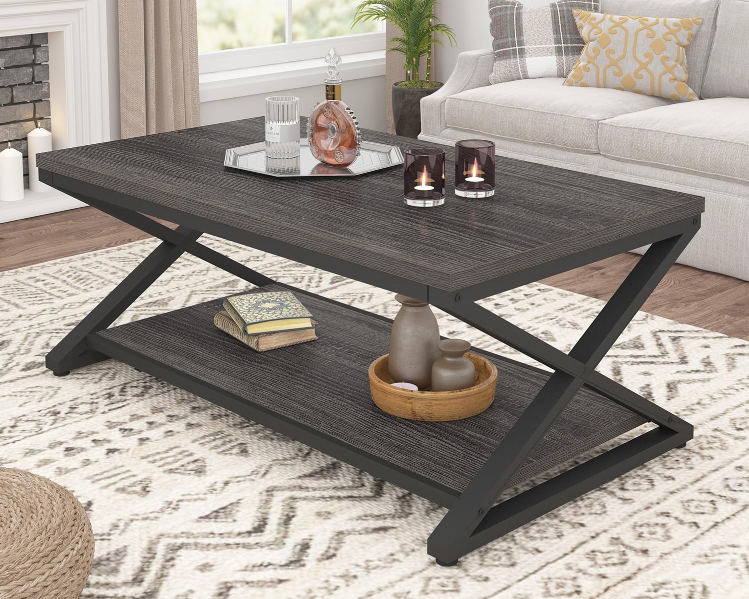 HSH Rustic Coffee Table with Storage Shelf, Industrial Metal Wood Living Room Table, Farmhouse Minimalist Rectangle Center Table, Vintage Simple 2 Tier Cocktail Tea Table, Rustic Brown, 47 Inch