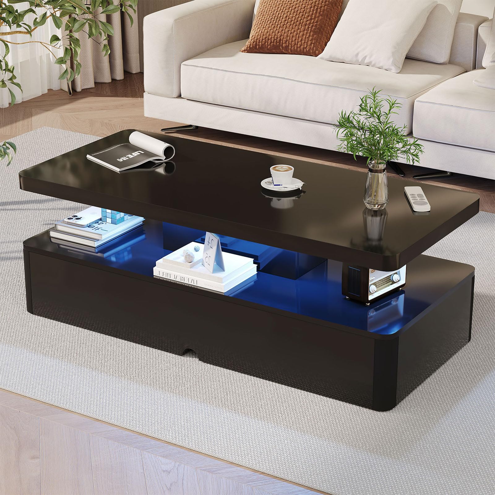 MXV Modern Coffee Table, 40 Inches Coffee Tables with 16 Colors LED Lights, 2 Tier Rectangular Center Table, Large Storage Space, High Glossy Wooden Tea Table for Living Room, Bedroom, Office, Black