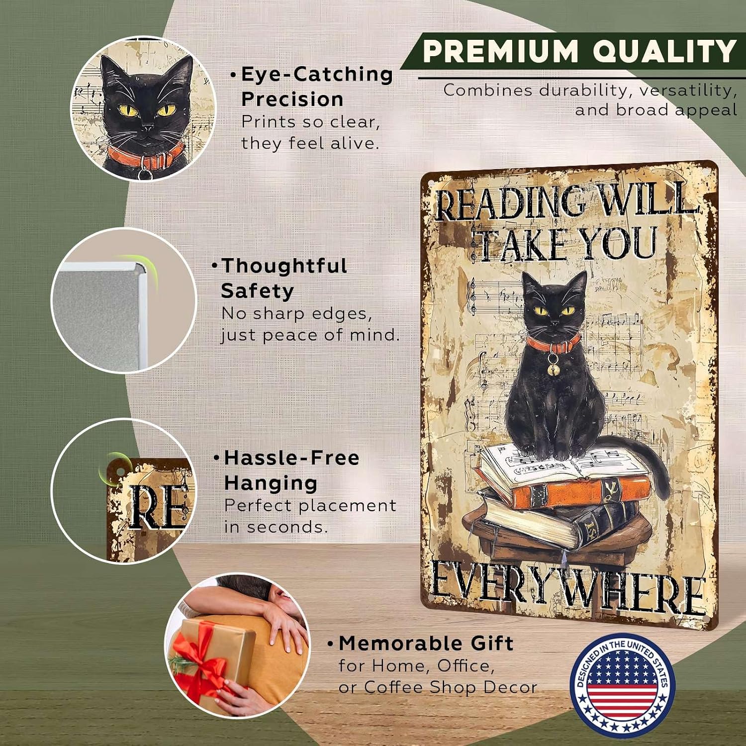 Black Cat Reading Vintage Metal Sign Reading Will Take You Everywhere Retro Wall Decor for Library Book Home Bedroom Office Decoration 8x12inch