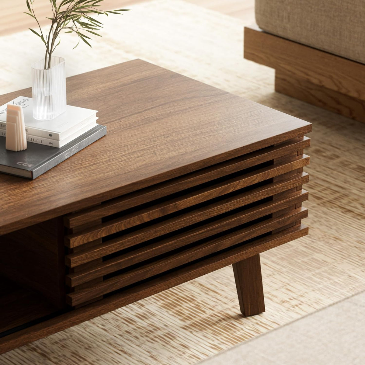 Furniway Mid Century Modern Coffee Table, Wood Coffee Table with Storage, Farmhouse Table for Living Room, Apartment, Walnut