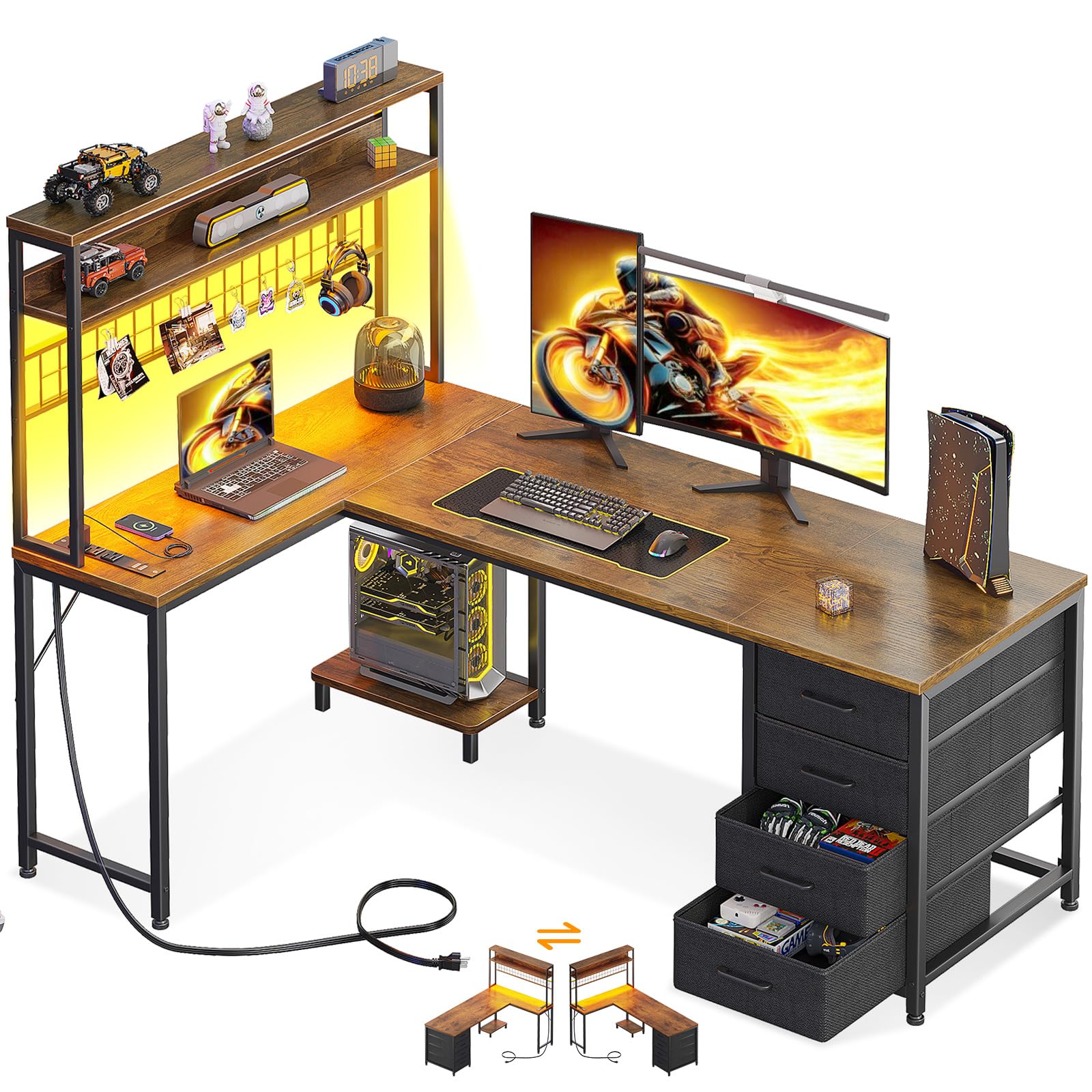 AODK L Shaped Desk Gaming Desk with LED Light & Power Outlet, 53 Inch Reversible L Shaped Computer Table with Shelf & Storage Bag & Hook for Home Office, Black