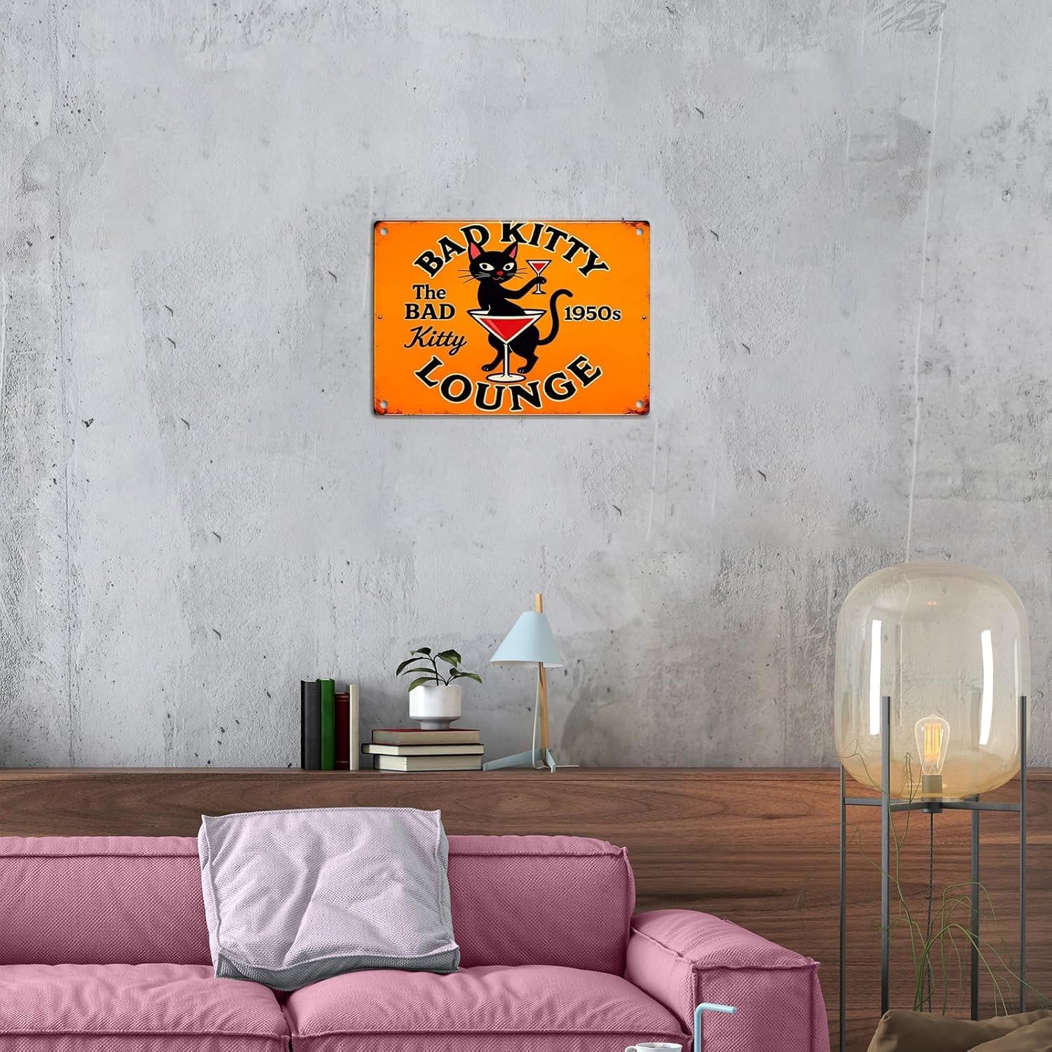 Funny Black Cat Wall Art - Metal Decor Signs Vintage Metal Tin Sign Wall Art "Bad Kitty Lounge" Sign for Women and Cat Lovers Home Decor, Bedroom, Kitchen, Office, Cafe, Bar 8 X 12 Inch