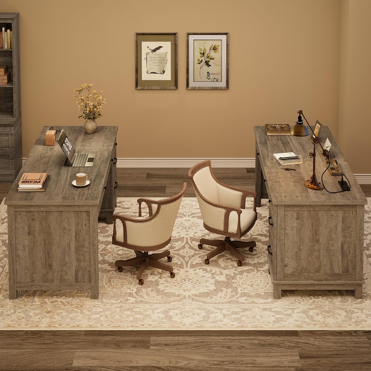 Garvee 53.5" Wooden Home Office Desk with File Drawers, Executive Desk with Power Outlet, Farmhouse Wood Desk with Storage, Distressed Study and Work Table, Rustic Grey