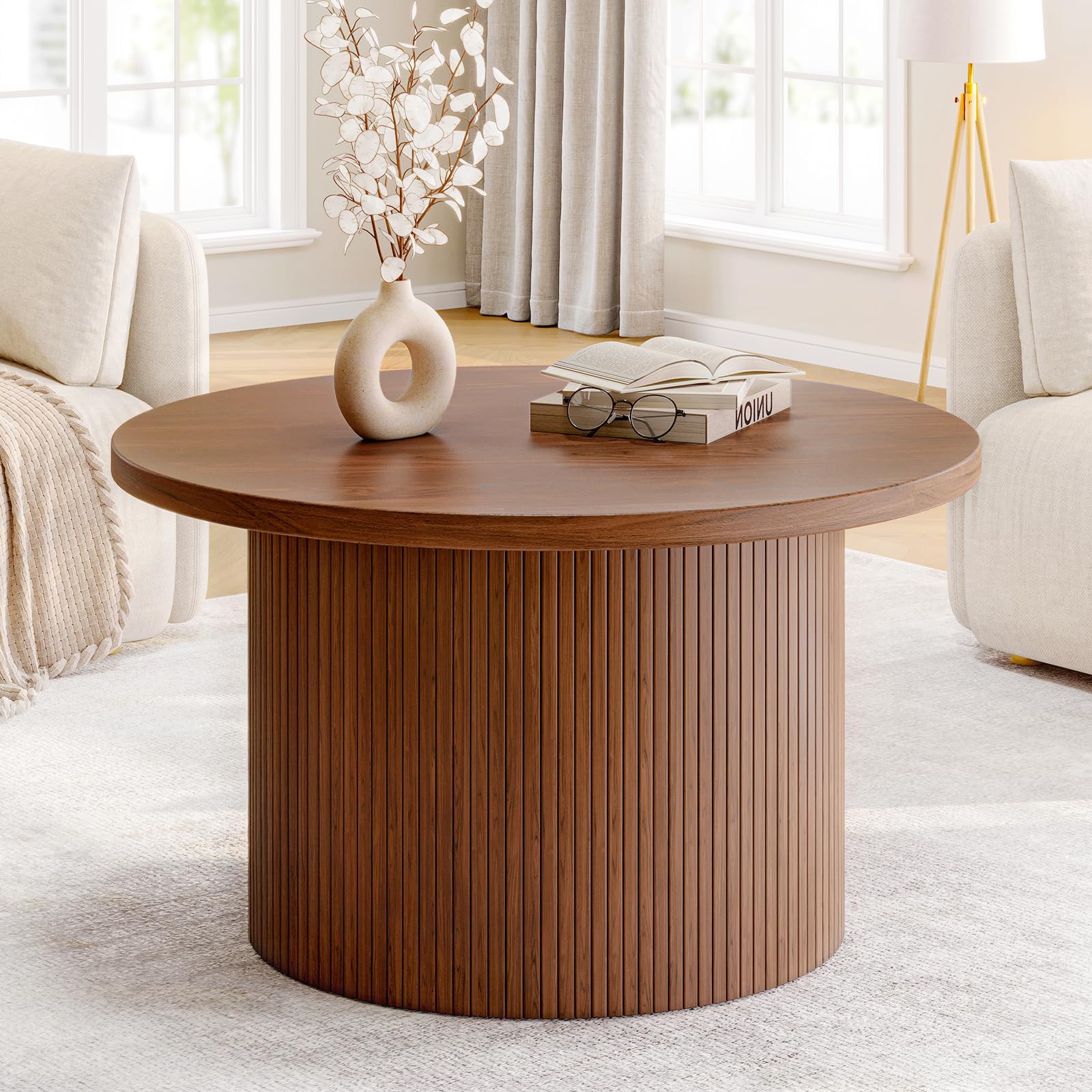 ONBRILL 31.5" Round Coffee Table, Tambour Design Coffee Tables for Living Room, Mid Century Modern Wood Coffee Table, Drum Accent Small Center Table, Black