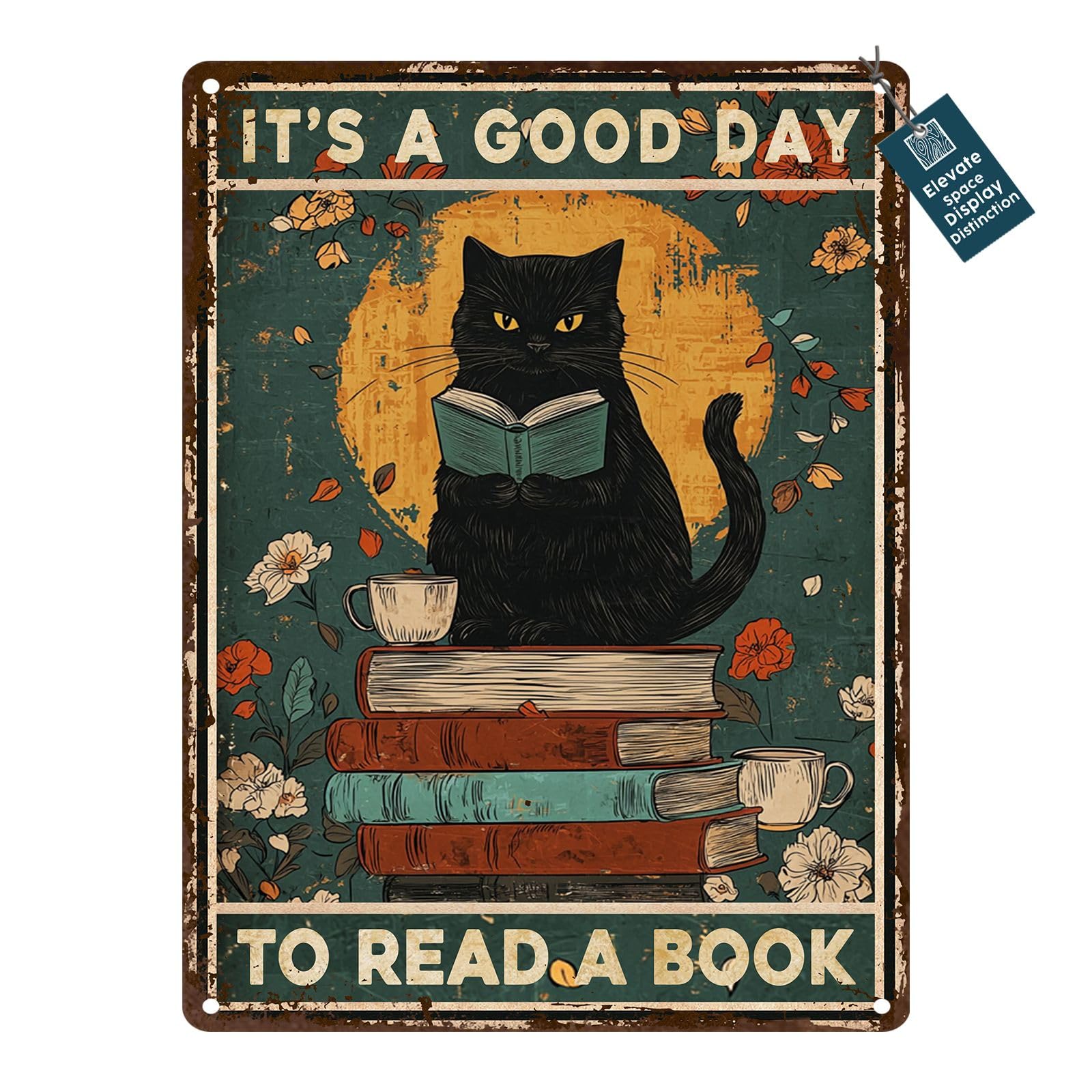 Black Cat Reading Vintage Metal Sign Reading Will Take You Everywhere Retro Wall Decor for Library Book Home Bedroom Office Decoration 8x12inch