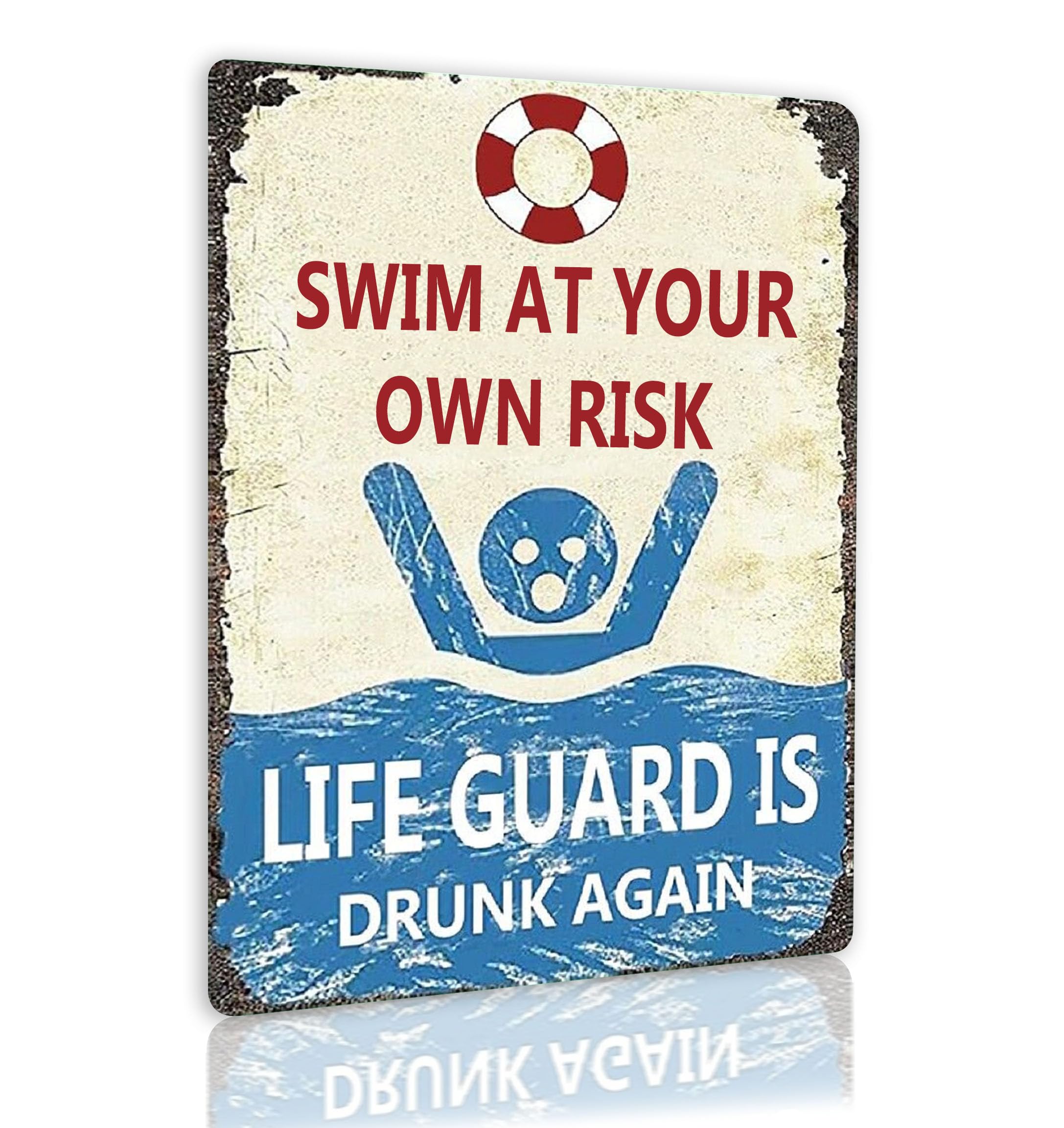 Cuorung Man Cave Decor 2pcs Vintage Tin Metal Sign Swim At Your Own Risk Lifeguard Is Drunk Again Funny Pool Posters For Garage Shop Bar Pub Wall Ation Indoor/outdoor 12x8 Inch Signs, White and Blue
