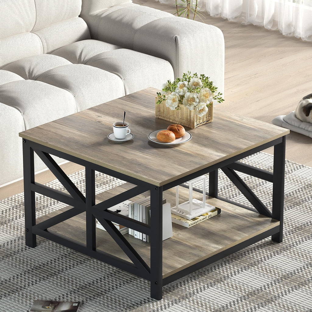 GreenForest Coffee Table for Living Room with Round Corners Farmhouse Style Center Table with Storage Shelf 39 Inch Space Saving Easy Assembly Gray Wash | for Living Room