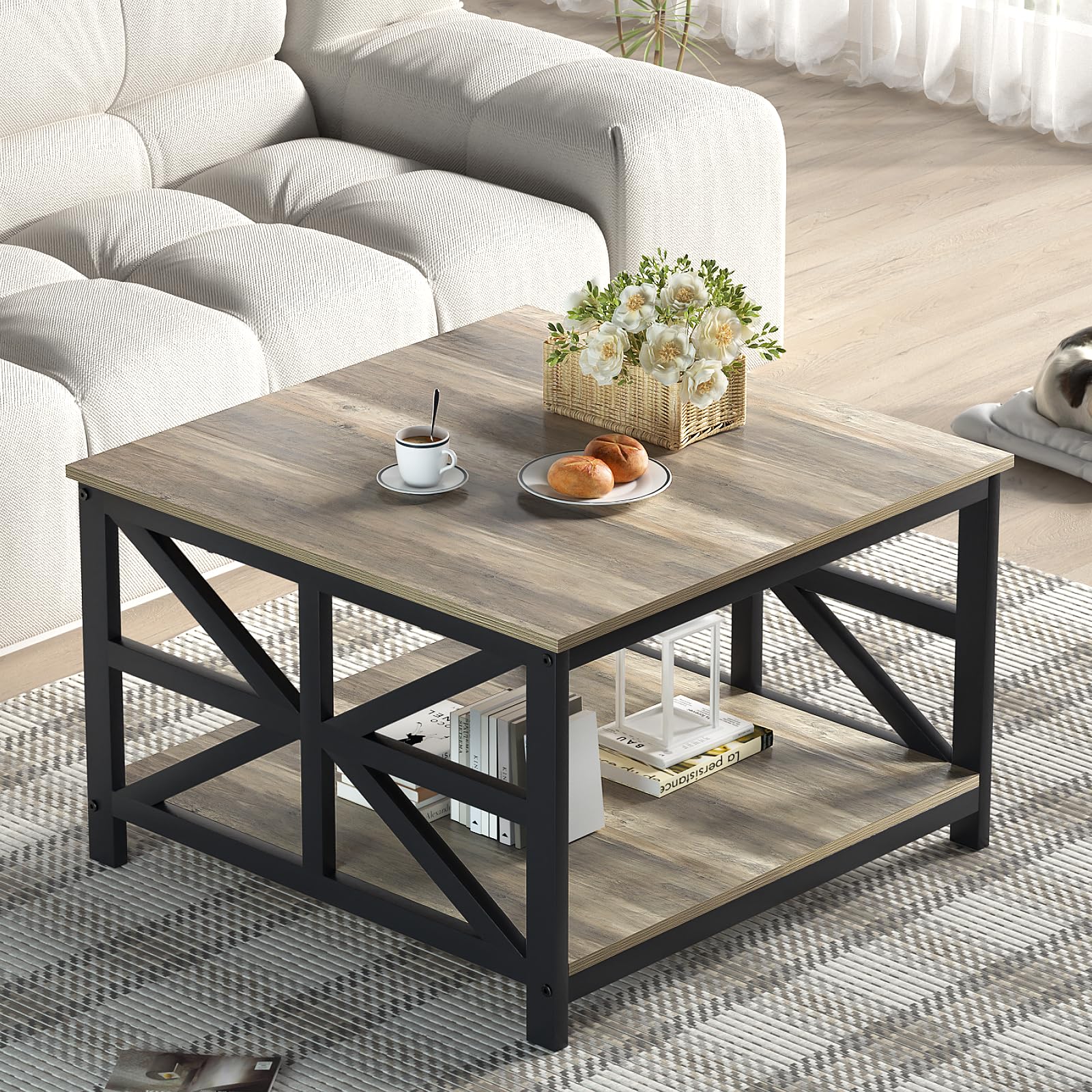 GreenForest Coffee Table for Living Room with Round Corners Farmhouse Style Center Table with Storage Shelf 39 Inch Space Saving Easy Assembly Gray Wash | for Living Room