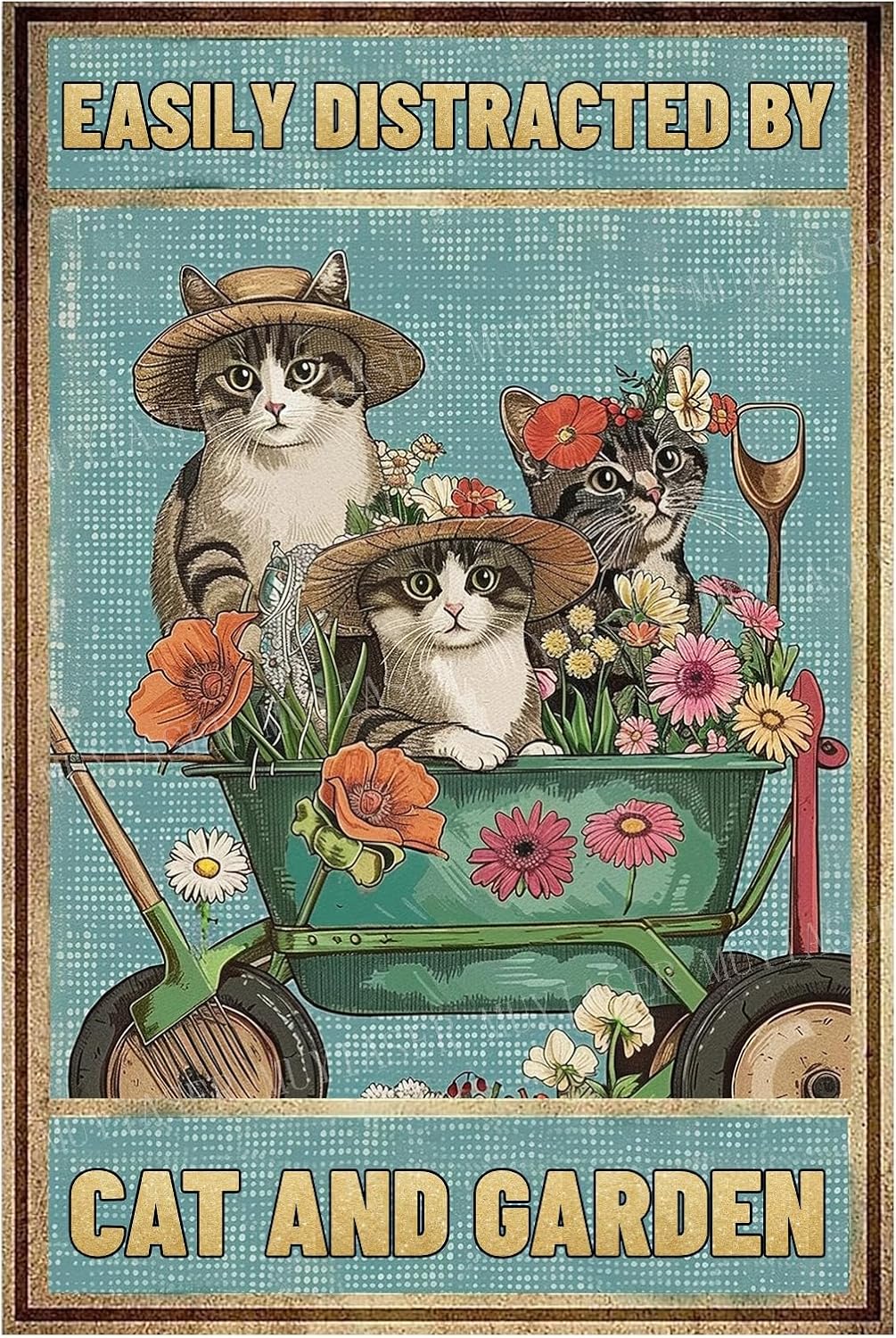 Metal Sign Easily Distracted By Cats & Garden Vintage Retro Aluminum Tin Sign for Garden, Kitchen, Office, Home, Bar, Cafe Decor 8x12 Inch