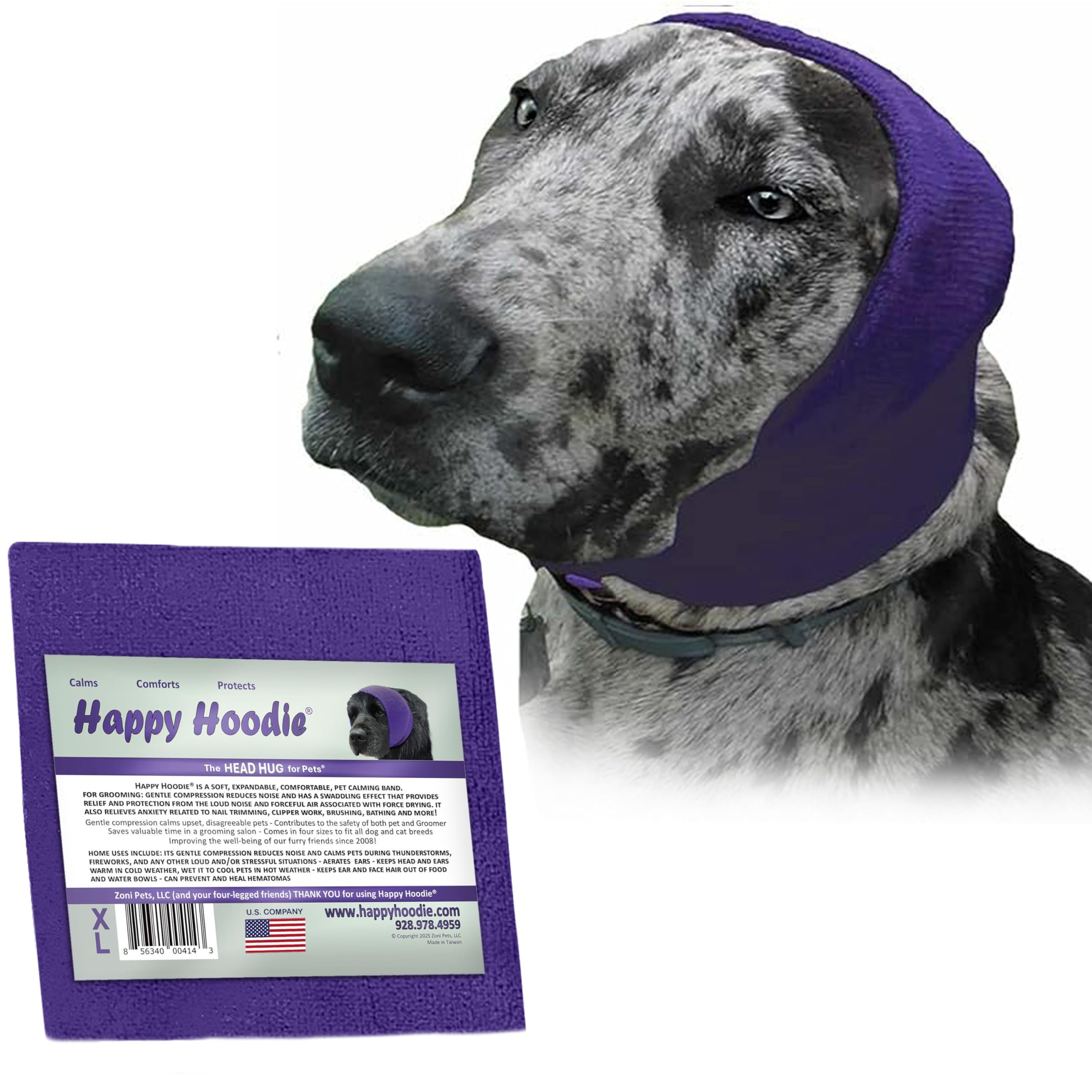 Happy Hoodie The Original Dog & Cat Calming Band - American Brand - Anxiety Relief/Noise Protection-Grooming-Thunder-Fireworks (Large, Blue) - Since 2008