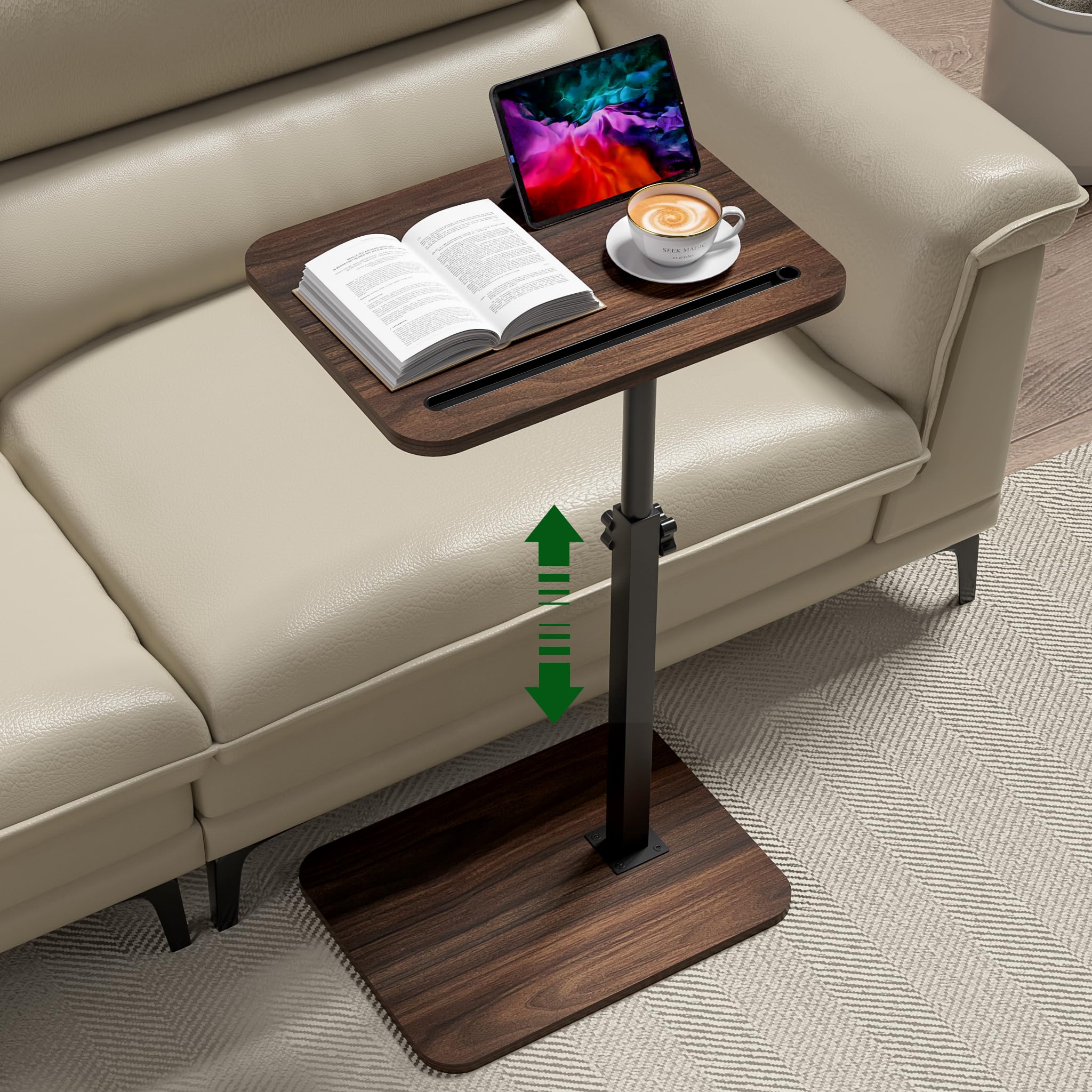 TV Tray Side Table for Couch - 360° Swivel Adjustable Height Rotating Sofa Table C Table End Table Laptop Desk with Phone & Tablet Slot, Perfect for Eating Working Reading, Fits Small Spaces