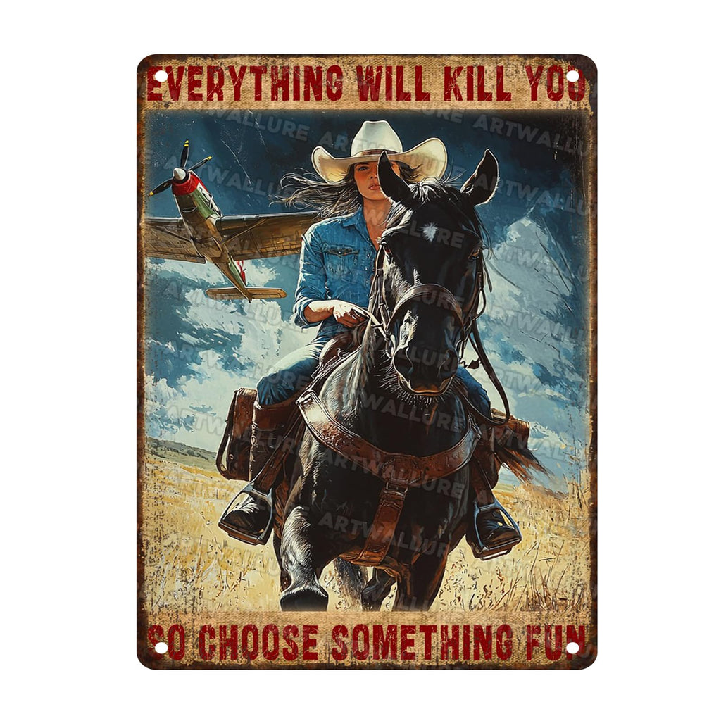 Retro Cowgirl Tin Sign Metal Wall Art Rustic Western Home Decor Wanted Theme 8x12inch
