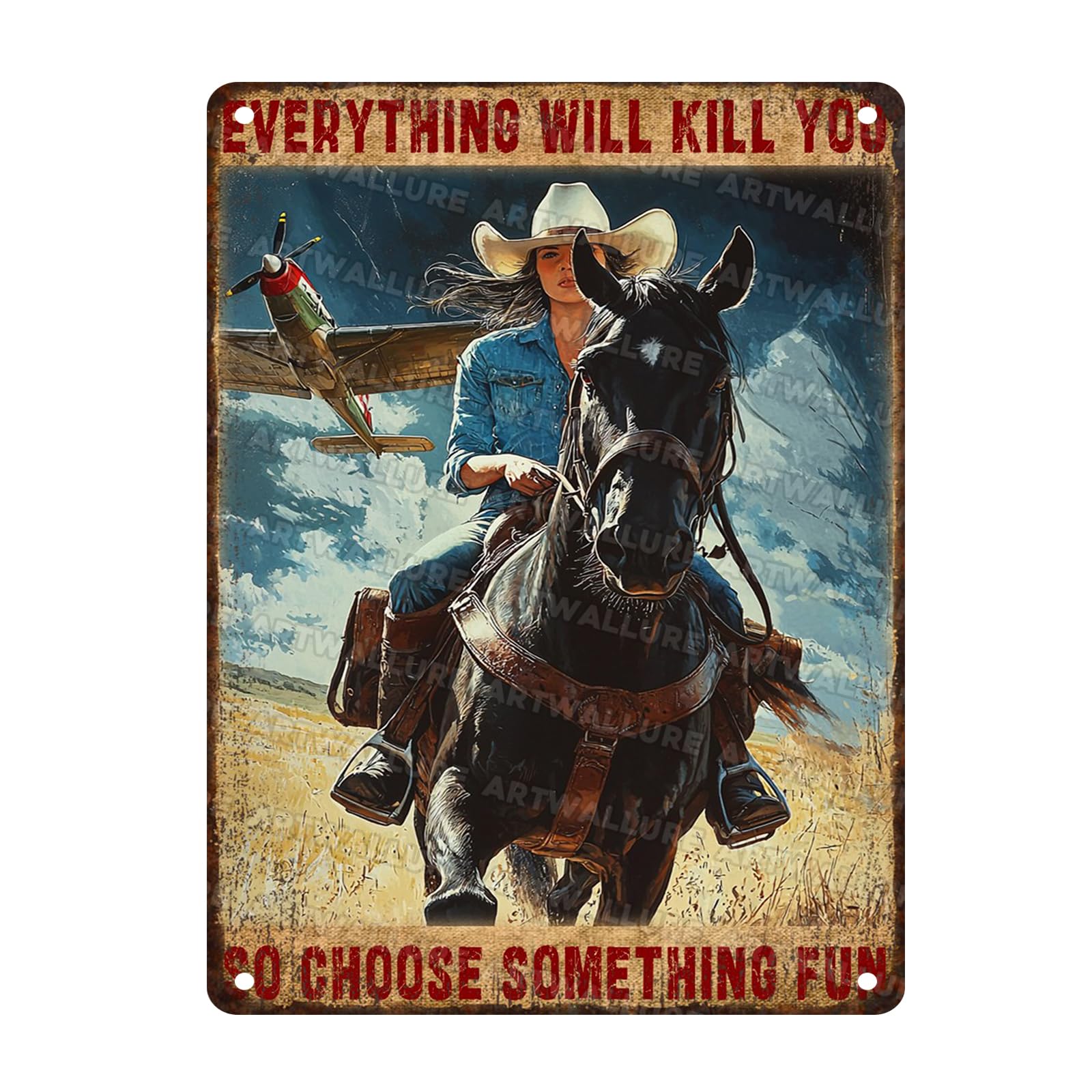 Retro Cowgirl Tin Sign Metal Wall Art Rustic Western Home Decor Wanted Theme 8x12inch