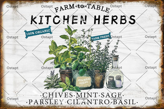 Kitchen Herbs Farm To Table Farm Fresh 100% Organic Vintage Retro Metal Tin Sign Funny Garden Poster For Home Living Room Bedroom Garden Garage Bathroom Office Cafe Bar Decor Art Decor Indoor Outdoor Metal Plaque Tin Sign 8x12 Inch