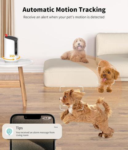 TKENPRO 2K Pet Camera Treat Dispenser, 360°View Dog Camera with Phone App, 5G&2.4G WiFi 2-Way Talk Pet Cam Indoor for Cats Remote Treat Tossing, Motion Alerts, Auto Tracking