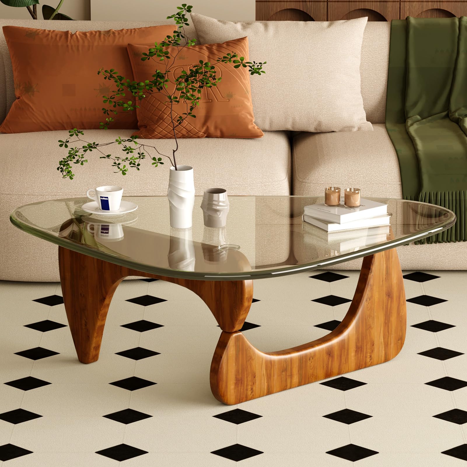 Coffee Table for Living Room Mid Century Modern Center Table with Glass Top and Wood, 36 Inch, Brown/Walnut