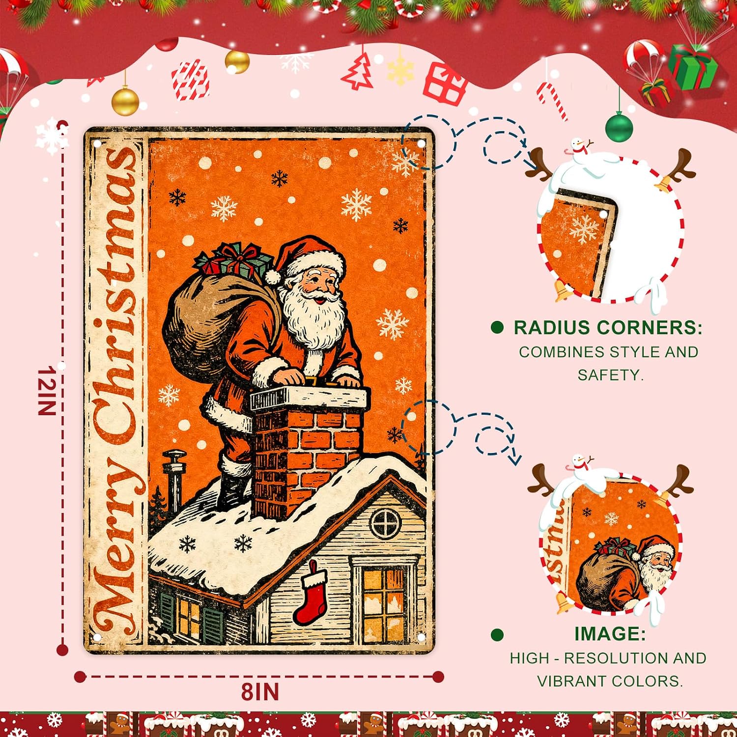 Christmas Decorations Metal Tin Sign For Indoor Outdoor 12x8 In Santa Climbing Chimney Sign With Snowflake & Stocking Man Cave Decor For Yard, Garage Wall, Rustic Vintage Bar Club Xmas Decoration.