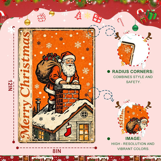 Christmas Decorations Metal Tin Sign For Indoor Outdoor 12x8 In Santa Climbing Chimney Sign With Snowflake & Stocking Man Cave Decor For Yard, Garage Wall, Rustic Vintage Bar Club Xmas Decoration.