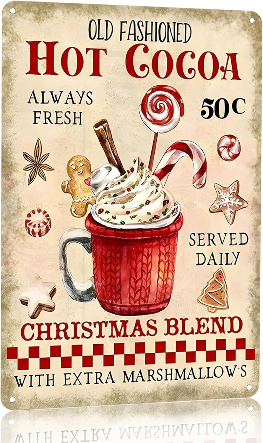 Joyline Vintage Christmas Decor Gifts Rustic Hot Cocoa Always Homemade Extra Marshmallows Tin Sign for Home Farmhouse Kicthen Cafe Bar Wall Decor 8 x 12 inches (3234)