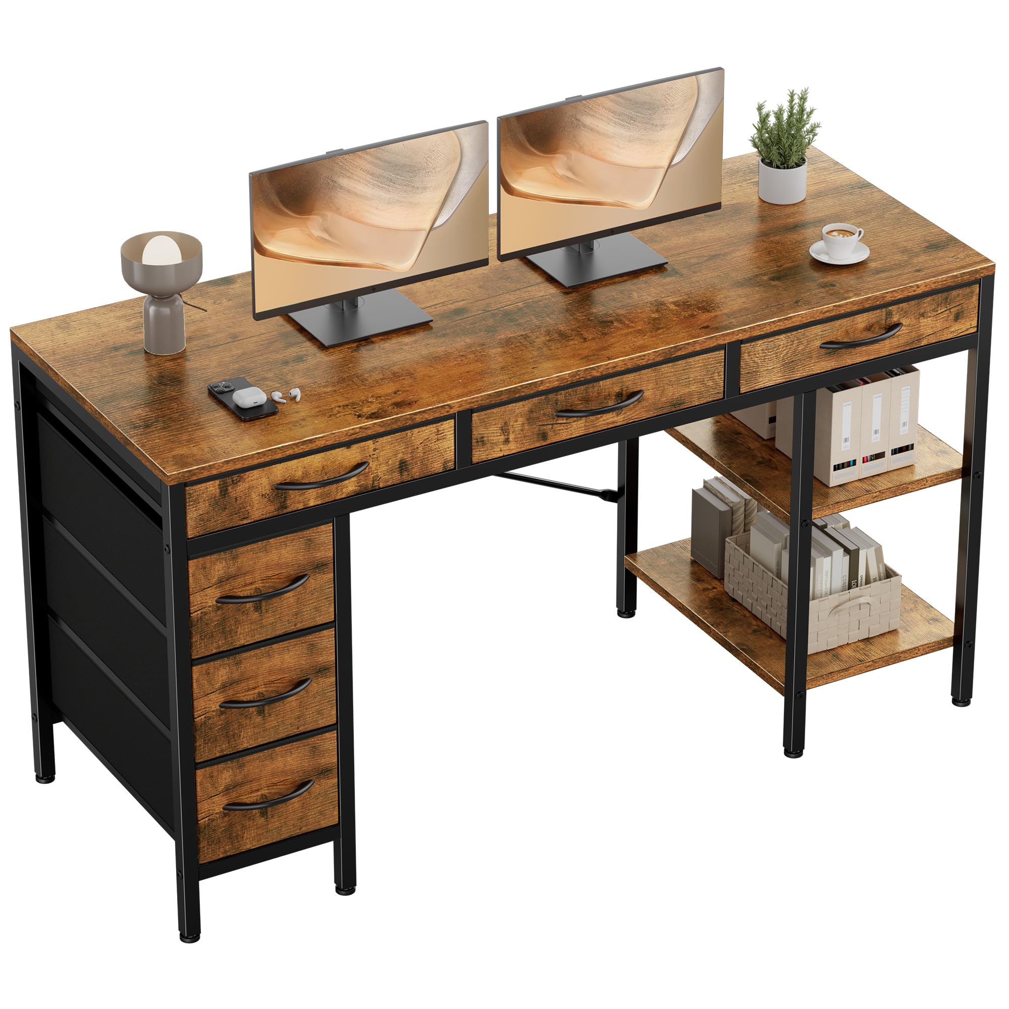 OLIXIS Computer desk with 6 Drawers, 55 inch Office workstation with Storage Shelves, Reversible Gaming setup, Corner table with Storage Drawers, Work for Home Office, Study, Living Room, Rustic Brown