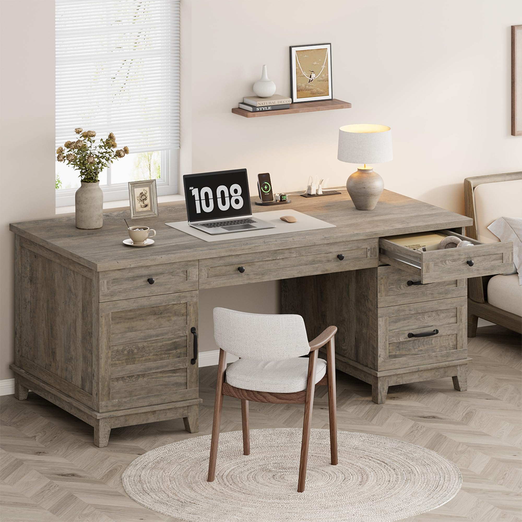 Garvee 53.5" Wooden Home Office Desk with File Drawers, Executive Desk with Power Outlet, Farmhouse Wood Desk with Storage, Distressed Study and Work Table, Rustic Grey