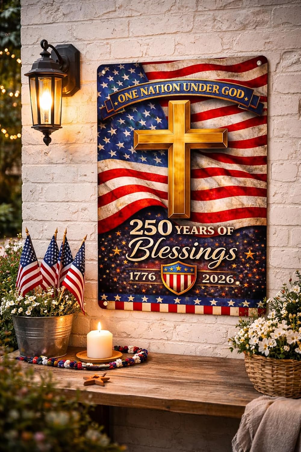 America 250th Anniversary Tin Sign, 4th of July Patriotic Decor,250 Years of Blessings Vintage Metal Sign Patriotic Cross Design, 1776–2026 Commemorative Wall Decoration for Home, Bedroom, Patio, Yard, 8 x 12 Inch