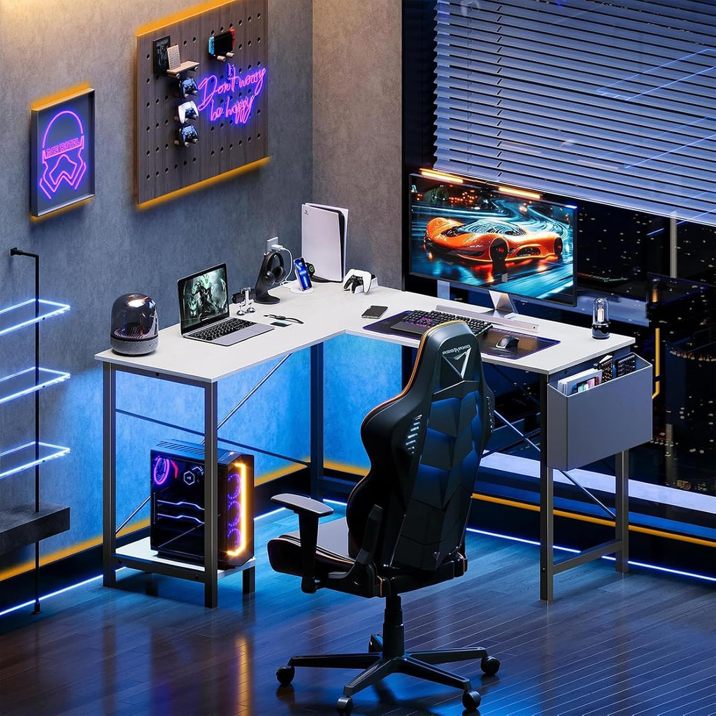 Sweetcrispy L Shaped Desk Computer Gaming Corner Table PC Workstation with CPU Stand Side Bag for Home Office Dorm Sturdy Writing Setup Furniture White 50 Inch Desk