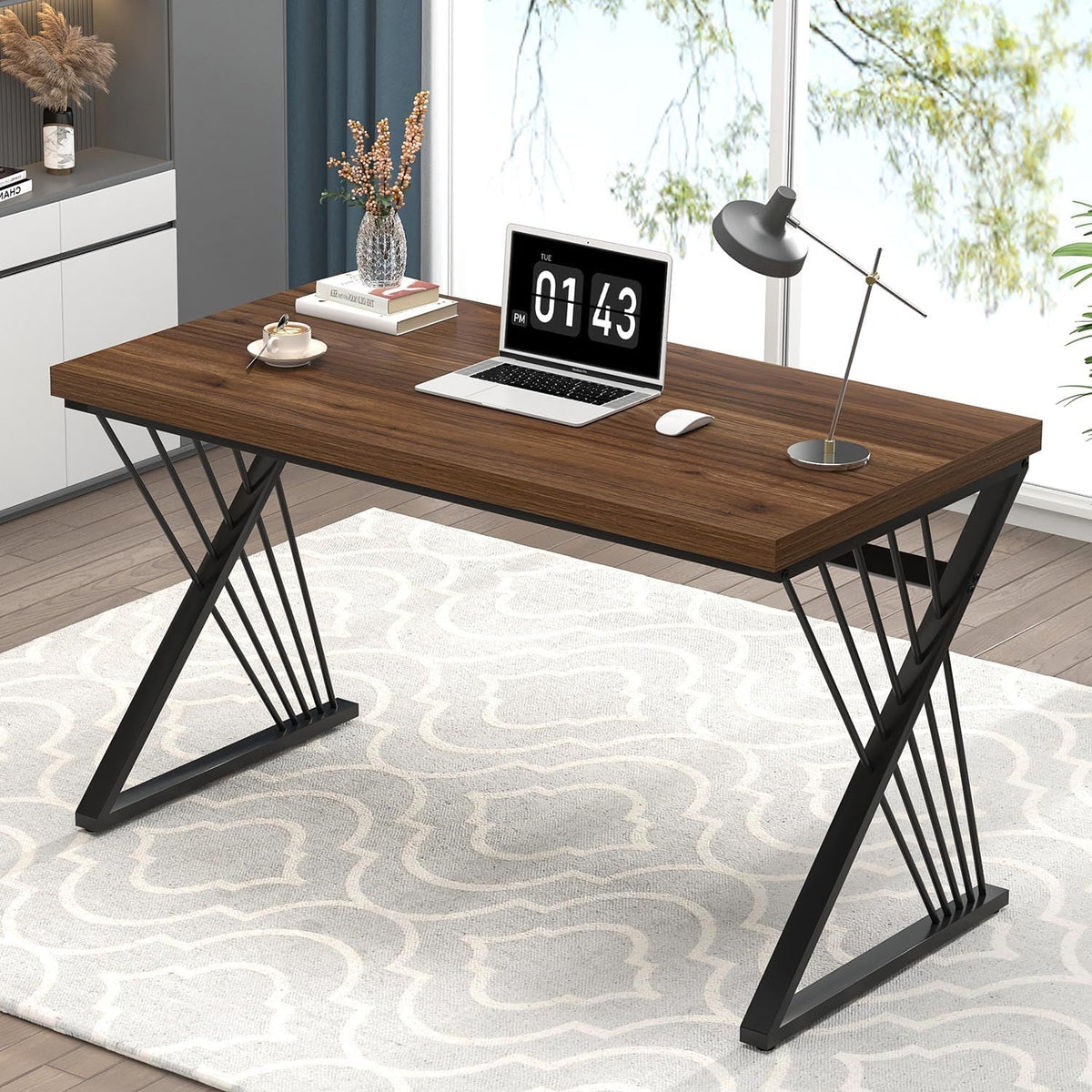 FOLUBAN Home Office Desks, Modern Wood and Metal Writing Study Work Table, Industrial Computer Desk for Bedroom Living Room, Rustic Walnut, 47 Inch