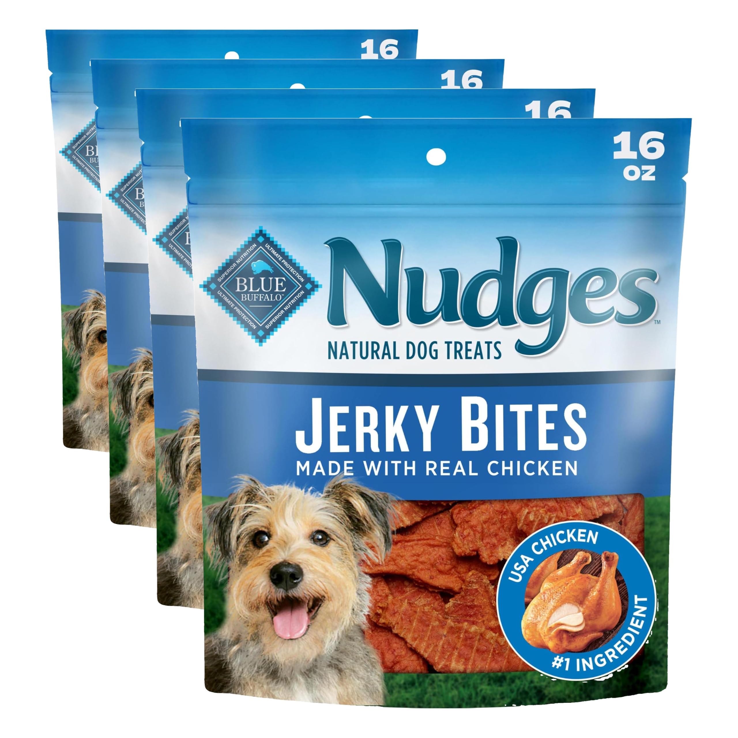 Blue Buffalo Nudges Chicken Jerky Bites Natural Dog Treats, Tender & Meaty Dog Snacks, Healthy Reward or Training Treat, Made in the USA with Real Chicken, No Artificial Preservatives, 16 oz.