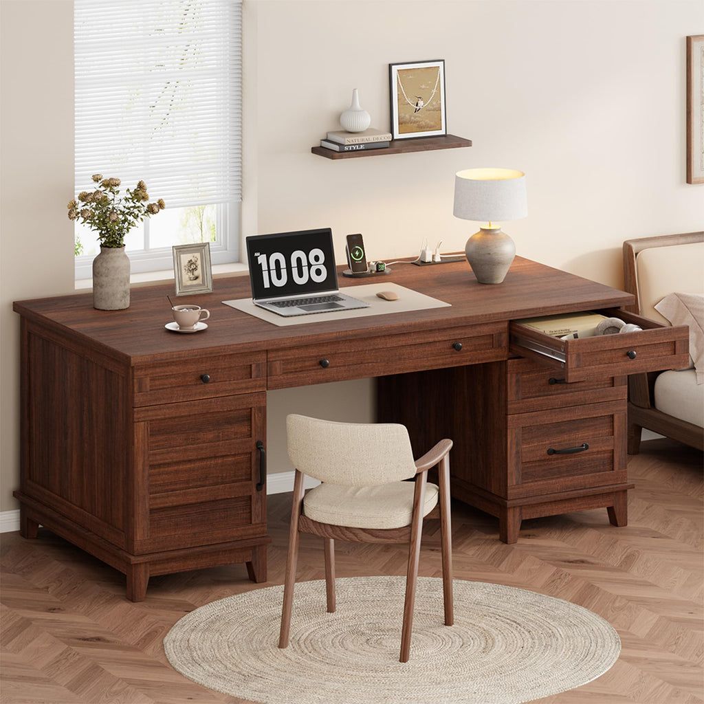 Garvee 53.5" Wooden Home Office Desk with File Drawers, Executive Desk with Power Outlet, Farmhouse Wood Desk with Storage, Distressed Study and Work Table, Rustic Grey